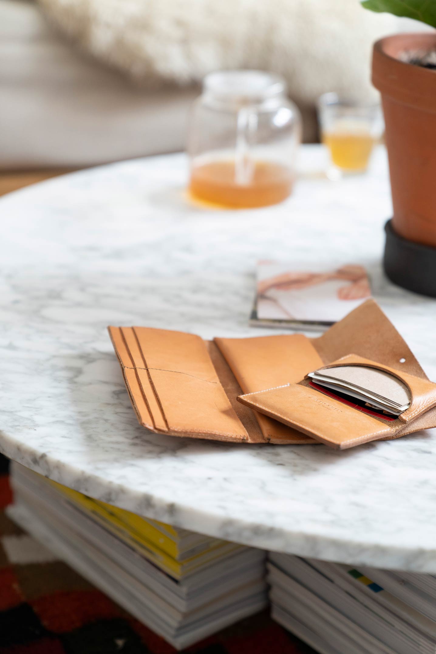 Leather wallets on a marble table